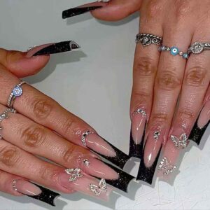 Press on Nails Long Rhinestone Pink Fake Nails Black Square